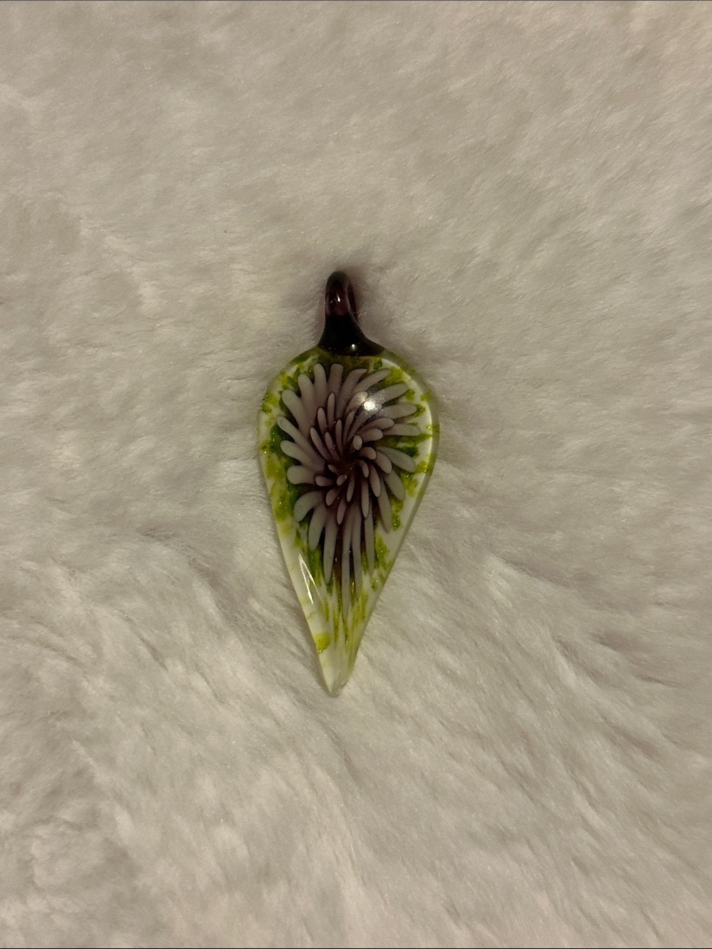 Handblown Glass Flower Teardrop Pendant - Green & Purple